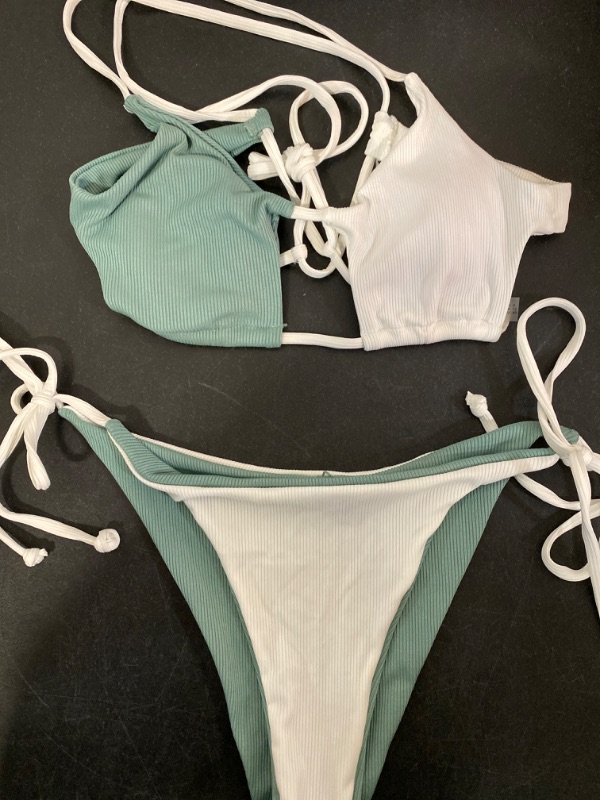 Photo 1 of Lilosy Sexy Tie Criss Cross White Turquoise Sexy Cutout Bikini Swimsuit Set 2 Piece Size L
