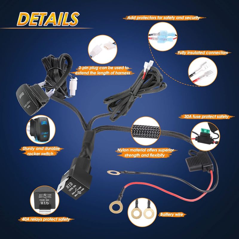 Photo 2 of Wiring Harness 1 Lead, Roador Nylon Off Road Wiring Harness Kit for LED Light Bar Fog Light Work Light Harness with Waterproof Rocker Switch 12V 40A Blade Fuse Power Relay for Trucks ATV UTV Boat-ITEM IS NEW BUT MAY BE MISSING PARTS

