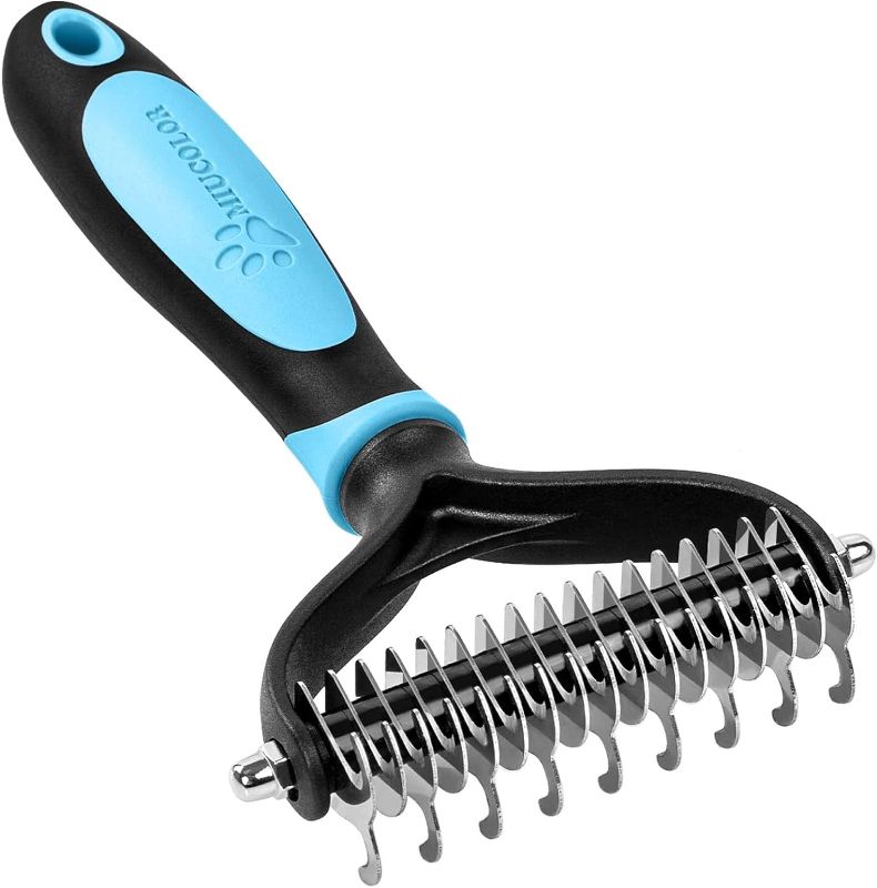 Photo 1 of MIU COLOR Pet Grooming Brush, 2 Sided Undercoat Rake for Dogs & Cats, Professional Deshedding Brush and Dematting Tool, Effective Removing Knots, Mats, Tangles for Cats, Dogs, Extra Wide

