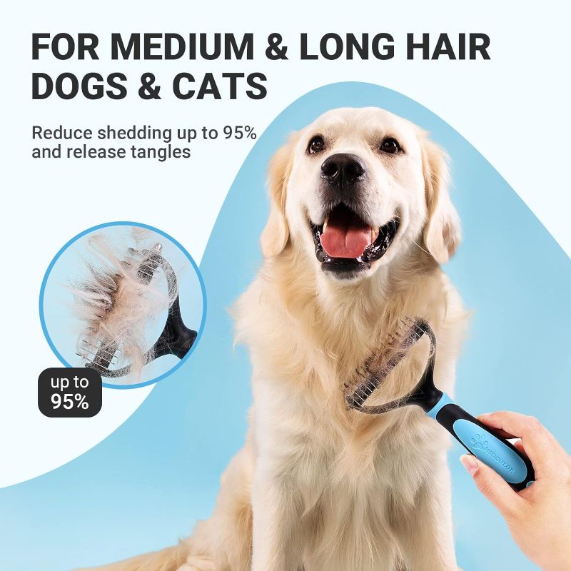 Photo 3 of MIU COLOR Pet Grooming Brush, 2 Sided Undercoat Rake for Dogs & Cats, Professional Deshedding Brush and Dematting Tool, Effective Removing Knots, Mats, Tangles for Cats, Dogs, Extra Wide

