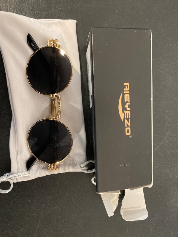 Photo 2 of AIEYEZO Round Steampunk Sunglasses Circle Lennon Hippie Glasses Metal Frame 100% UV Blocking Lens
