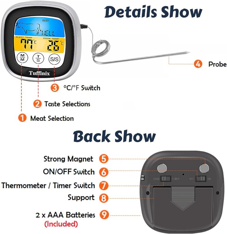 Photo 2 of Digital Touchscreen Meat Food Thermometer - Tuffinix Instant Read Meat Thermometer 40in Probe Kitchen Cooking Thermometer with Timer Function Oven Safe for BBQ Frying Pan Smoker Cooking-BOX HAS BEEN OPENED / MAY BE MISSING PCS

