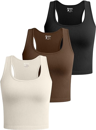 Photo 1 of OQQ Women's 3 Piece Crop Tank Tops Ribbed Seamless Workout Sleeveless Shirts Racerback Crop Tops
