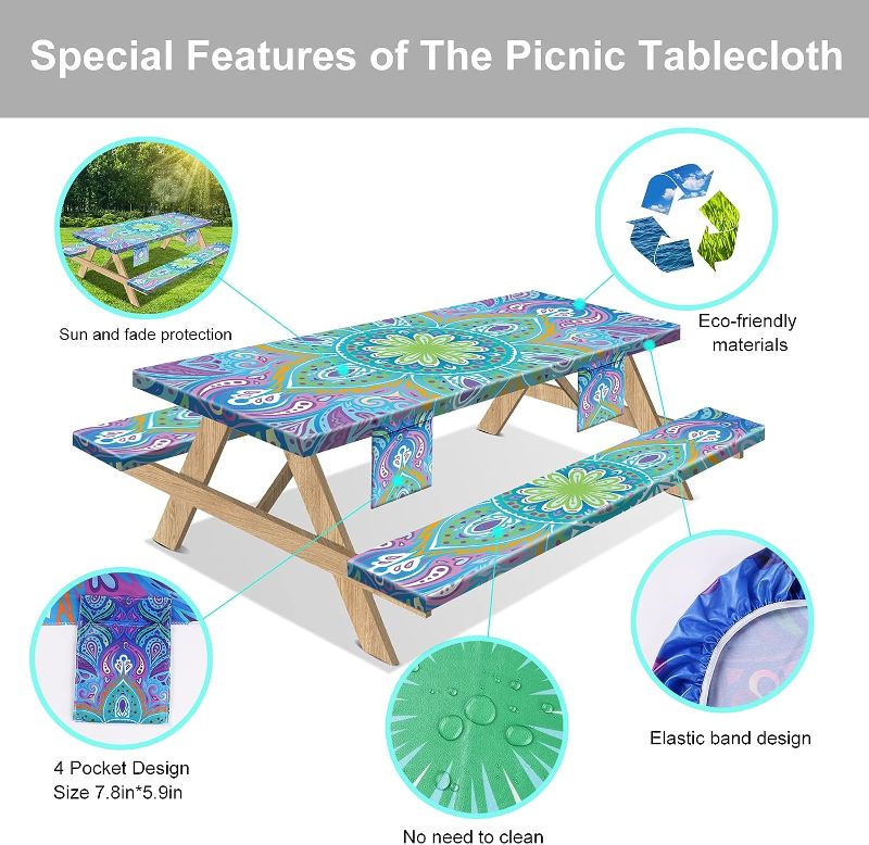 Photo 2 of SOTUE- Picnic Table Cover with Bench Covers 3 Piece Set Elastic Fitted Rectangle Tablecloths Camp Tables Seat Cloth Polyester Oilcloth Vinyl Clothes for Outdoor Waterproof Camping 72x30 Inch Green-ITEM IS NEW BUT MAY BE MISSING PCS