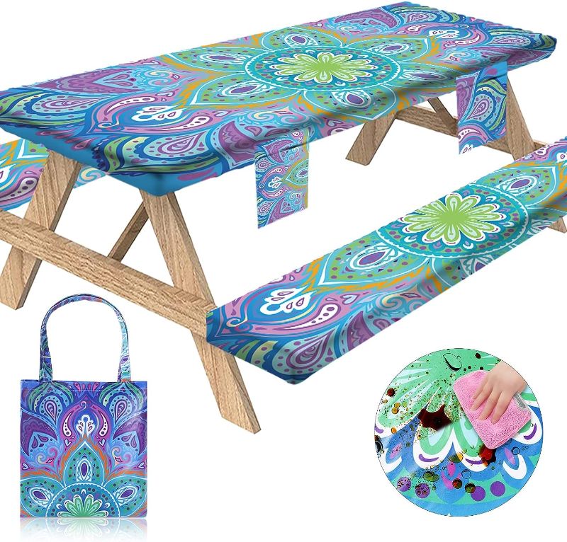 Photo 1 of SOTUE- Picnic Table Cover with Bench Covers 3 Piece Set Elastic Fitted Rectangle Tablecloths Camp Tables Seat Cloth Polyester Oilcloth Vinyl Clothes for Outdoor Waterproof Camping 72x30 Inch Green-ITEM IS NEW BUT MAY BE MISSING PCS