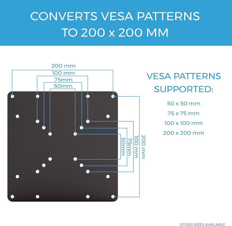 Photo 2 of HUMANCENTRIC- VESA Mount Adapter Plate for TV Mounts, Convert 75x75 and 100x100 to 200x200 mm VESA Patterns, Includes Hardware Kit, VESA Conversion Plate for 200x200 VESA Mount, VESA Adapter-ITEM IS NEW BUT MAY BE MISSING PARTS

