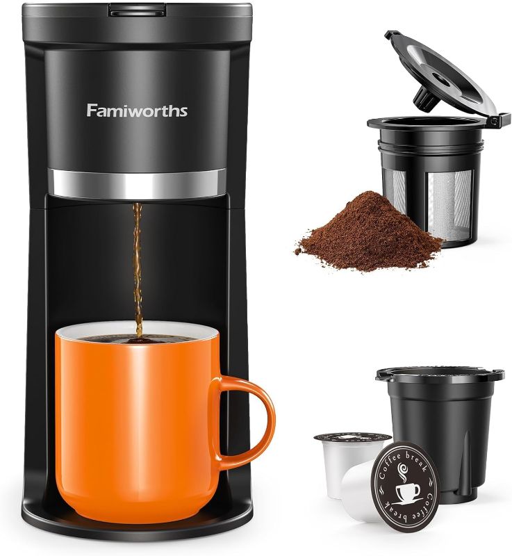 Photo 1 of Famiworths Mini Coffee Maker Single Serve, Instant Coffee Maker One Cup for K Cup & Ground Coffee, 6 to 12 Oz Brew Sizes, Capsule Coffee Machine with Water Window and Descaling Reminder, Black-ITEM IS NEW BUT MAY BE MISSING PARTS

