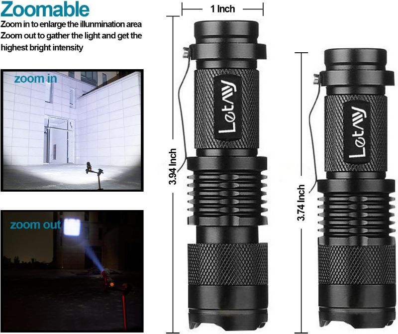 Photo 2 of LETMY Tactical Flashlight, Super Bright LED Mini Flashlights with Belt Clip, Zoomable, 3 Modes, Waterproof - Best EDC Flashlight for Gift, Hiking, Camping, Hurricane & Power Outage (2 Pack)
