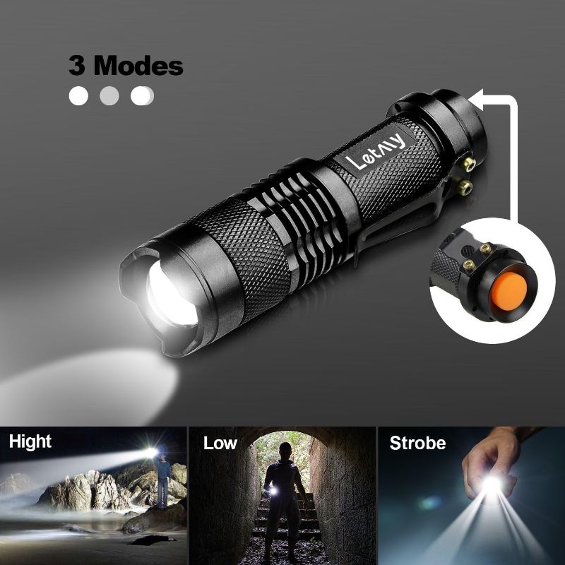 Photo 3 of LETMY Tactical Flashlight, Super Bright LED Mini Flashlights with Belt Clip, Zoomable, 3 Modes, Waterproof - Best EDC Flashlight for Gift, Hiking, Camping, Hurricane & Power Outage (2 Pack)
