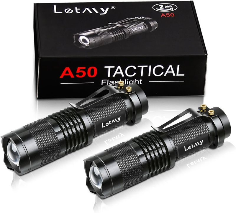 Photo 1 of LETMY Tactical Flashlight, Super Bright LED Mini Flashlights with Belt Clip, Zoomable, 3 Modes, Waterproof - Best EDC Flashlight for Gift, Hiking, Camping, Hurricane & Power Outage (2 Pack)

