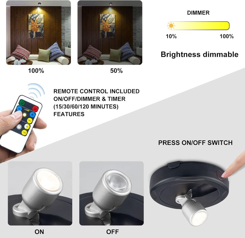 Photo 1 of HEAGEERO Wireless Spotlight Indoor,Battery Operated Spotlight with 1  Remote, Timer and Dimmable Accent Lighting,Closet Light with Rotatable Lights Head, Stick on Art Light
