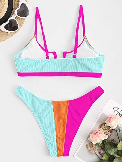 Photo 2 of ZAFUL Women's V Wired Bikini Set Colorblock Ribbed Swimwear Sexy High Cut Cheeky Two Piece Swimsuit Bathing Suit- Size M
