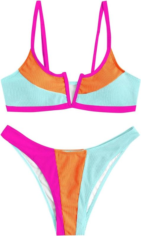 Photo 1 of ZAFUL Women's V Wired Bikini Set Colorblock Ribbed Swimwear Sexy High Cut Cheeky Two Piece Swimsuit Bathing Suit- Size M
