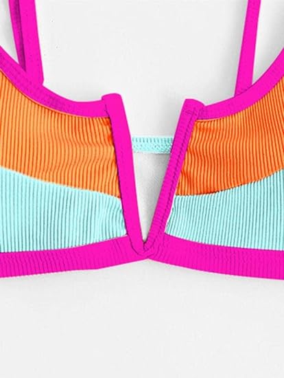 Photo 3 of ZAFUL Women's V Wired Bikini Set Colorblock Ribbed Swimwear Sexy High Cut Cheeky Two Piece Swimsuit Bathing Suit- Size M
