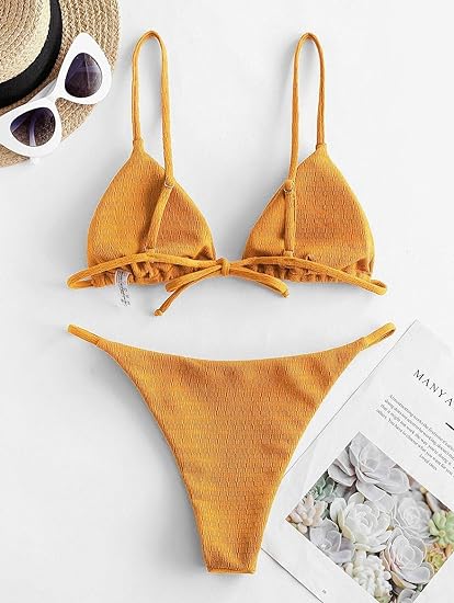 Photo 1 of ZAFUL Women's Sexy Triangle Bikini Set Cami String Swimwear Texture High Cut Thong Swimsuit Cheeky Two Piece Bathing Suit- Size Small
