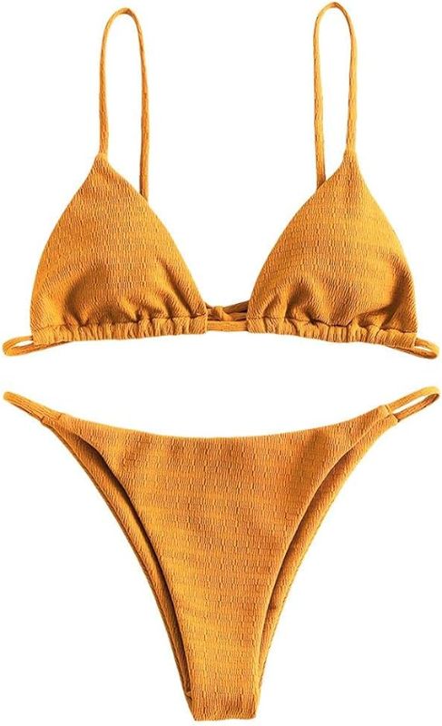 Photo 3 of ZAFUL Women's Sexy Triangle Bikini Set Cami String Swimwear Texture High Cut Thong Swimsuit Cheeky Two Piece Bathing Suit- Size Small
