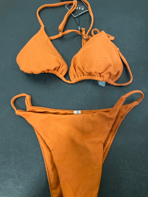 Photo 4 of ZAFUL Women's Sexy Triangle Bikini Set Cami String Swimwear Texture High Cut Thong Swimsuit Cheeky Two Piece Bathing Suit- Size Small
