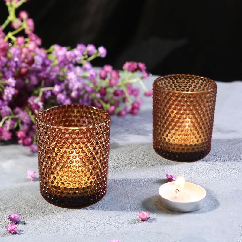 Photo 1 of 2 Pcs Pack Vintage Amber Votive Candle Holders, Amber Glass Tealight Candle Holders for Party Home Centerpieces Table, Boho Tea Lights Candle Holder for Wedding...
