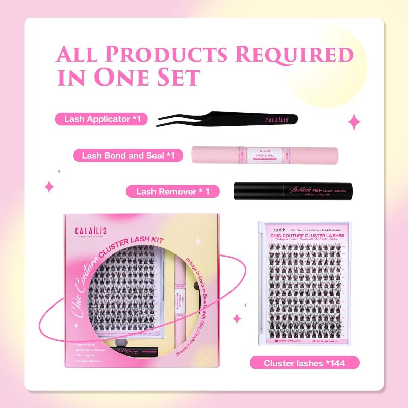 Photo 2 of CALAILIS DIY Lash Extension Kit, Eyelash Extension Kit 144Pcs D Curl Lash Clusters with Lash Bond and Seal Lash Remover and Lash Applicator Lash Clusters Kit Easy to Apply at Home (CDD01-KIT)
