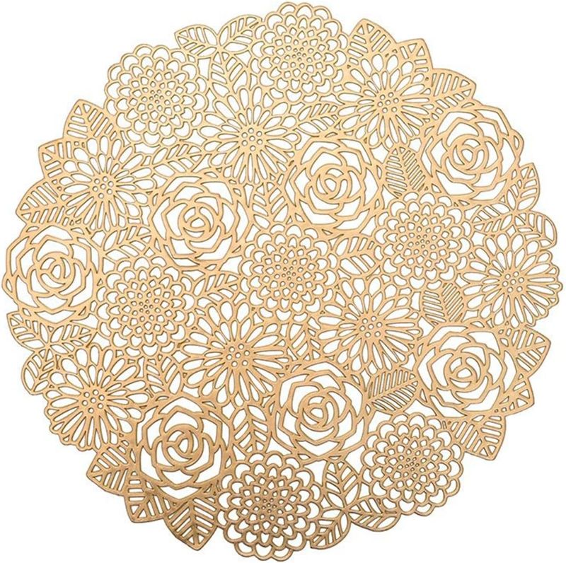 Photo 1 of Placemats Set of 4,Round Decorative Pressed Metallic Vinyl Kitchen and Table mat,Non-Slip Easy Clean Heat-Resistant PVC Chargers,Rose Gold