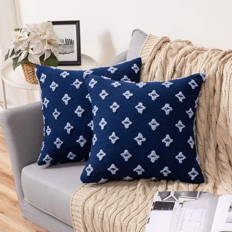 Photo 2 of MIULEE Set of 2 Decorative Throw Pillow Covers Rhombic Jacquard Pillowcase Soft Square Cushion Case for Summer Couch Sofa Bed Bedroom Living Room, 18x18 Inch, Blue