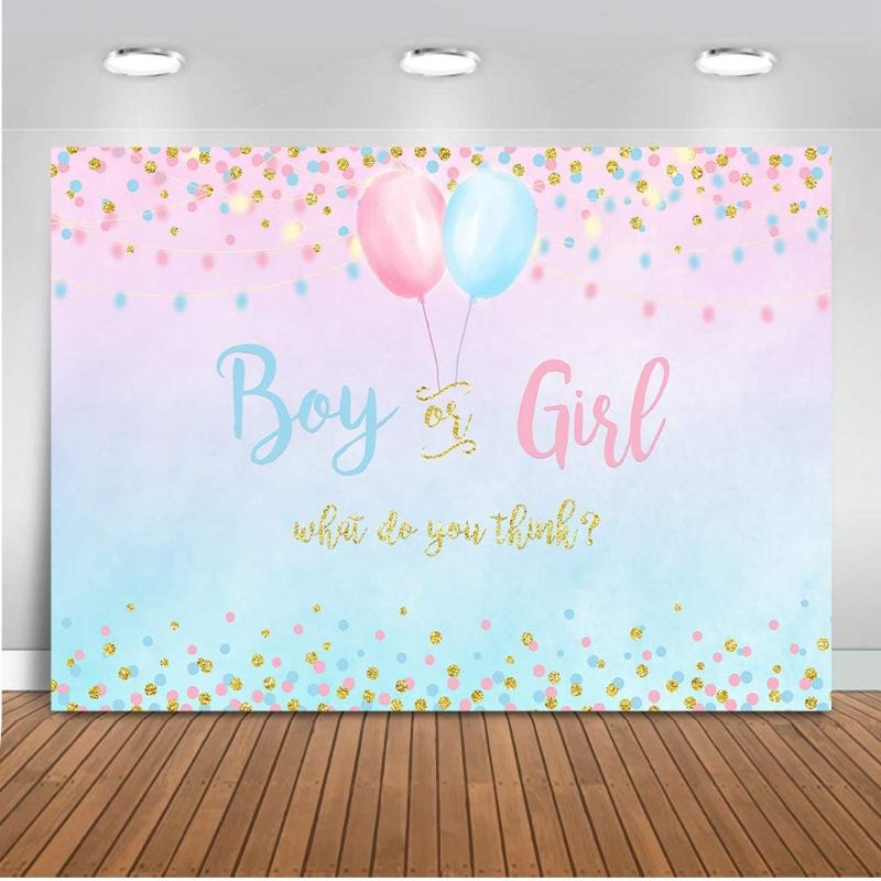 Photo 1 of Boy or Girl Gender Reveal Decoration, Blue or Pink Dots Balloon Party Backdrop, 7x5ft Gender Reveal Banner Supplies