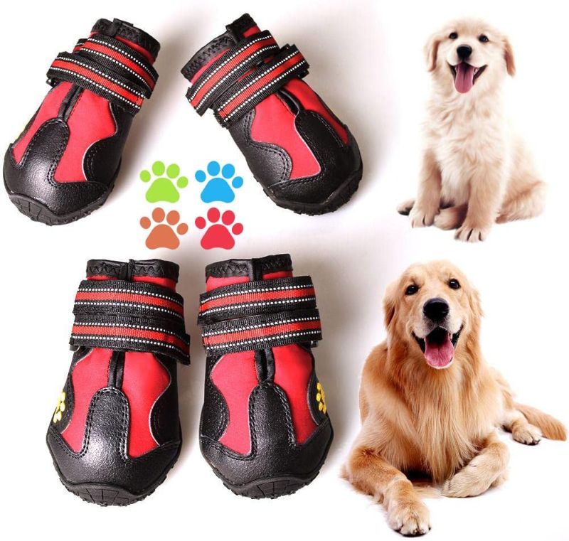 Photo 1 of Dog Boots for Dogs Non-Slip, Waterproof Dog Booties for Outdoor, Dog Shoes for Medium to Large Dogs 4Pcs with Rugged Sole Black-Red, Size 3: (2.5''x1.9'')(LxW) for 23-33 lbs