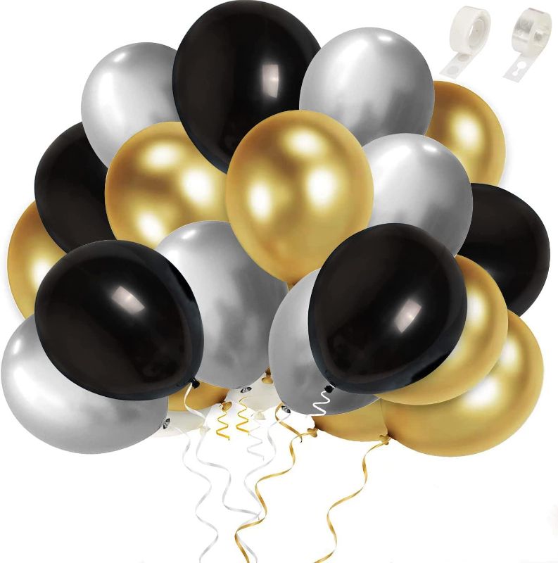 Photo 1 of 60pcs Gold Silver Black Balloons 12 Inches Latex Gold Silver Black for Birthday Party Baby Shower Graduation Decorations.