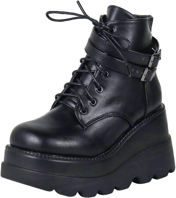 Photo 1 of Chunky Wedges Platform Goth Combat Boots for Women, Lace up Buckle Strap Ankle Boots High Heel Motorcycle Ankle Booties (Color : Black, Size : 8.5)