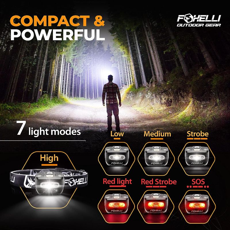 Photo 2 of Foxelli LED Headlamp Bundle of 2 - Spotted & Forest: Waterproof, White & Red Light, Comfortable Band, 3 AAA Batteries Included
