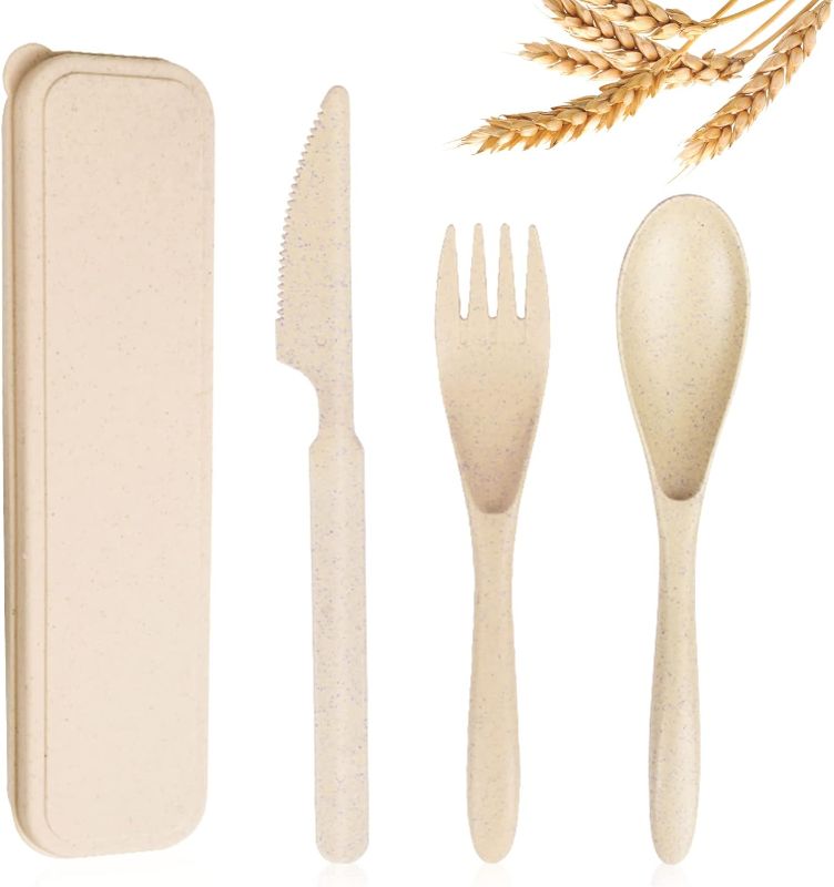 Photo 1 of Reusable Travel Utensils Set with Case, Wheat Straw Portable Knife Fork Spoons Cutlery, Eco-Friendly BPA Free Plastic Tableware for Kids Adults Travel Picnic Camping Utensils
