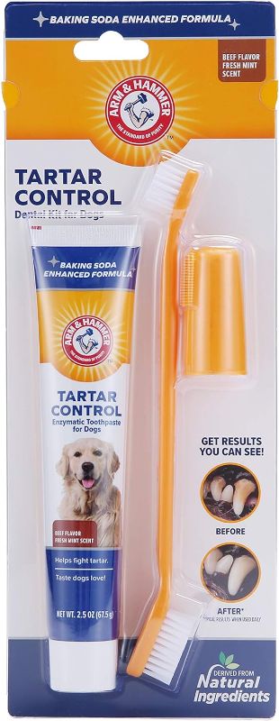 Photo 1 of Arm & Hammer for Pets Tartar Control Kit for Dogs | Contains Toothpaste, Toothbrush & Fingerbrush | Reduces Plaque & Tartar Buildup | Safe for Puppies, 3-Piece , Beef Flavor
