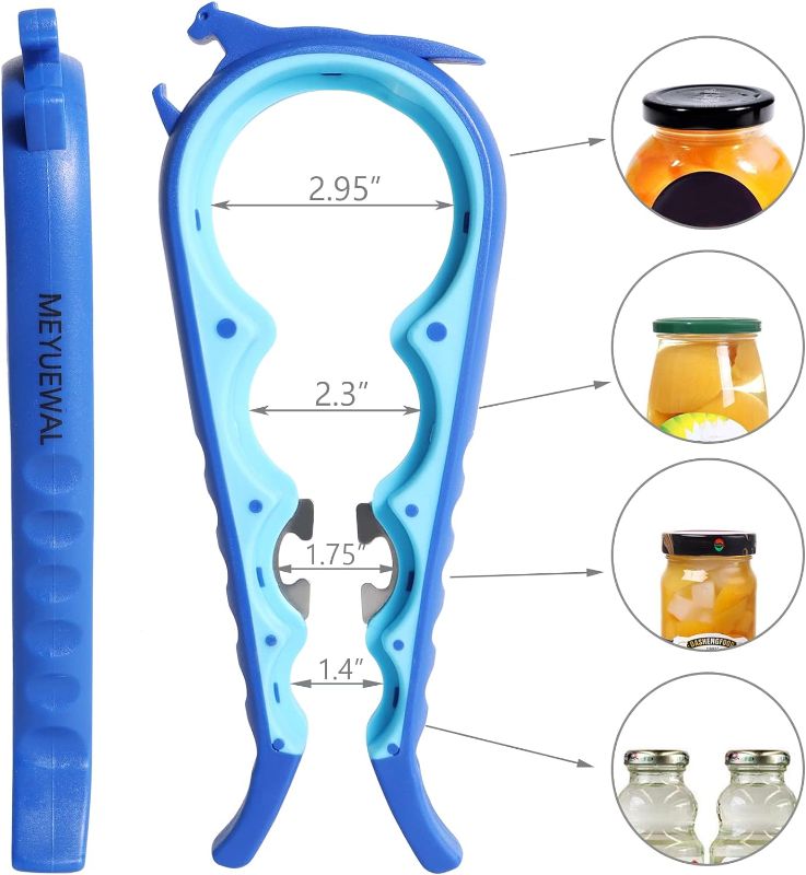 Photo 2 of Latest Jar Opener Bottle Opener for Weak Hands, 6 in 1 Multi Function Can Opener Bottle Opener Kit with Silicone Handle Easy to Use for Children, Elderly and Arthritis Sufferers(JAR-Blue3.0)
