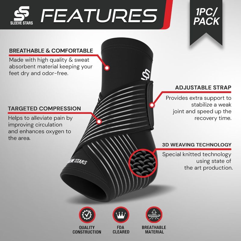 Photo 3 of Sleeve Stars Ankle Brace for Women & Men, Achilles & Plantar Fasciitis Relief Compression Sleeve, Foot Brace with Ankle Support Strap, Heel Protector Wrap for Pain, Tendonitis & Sprain (Single/Black)
