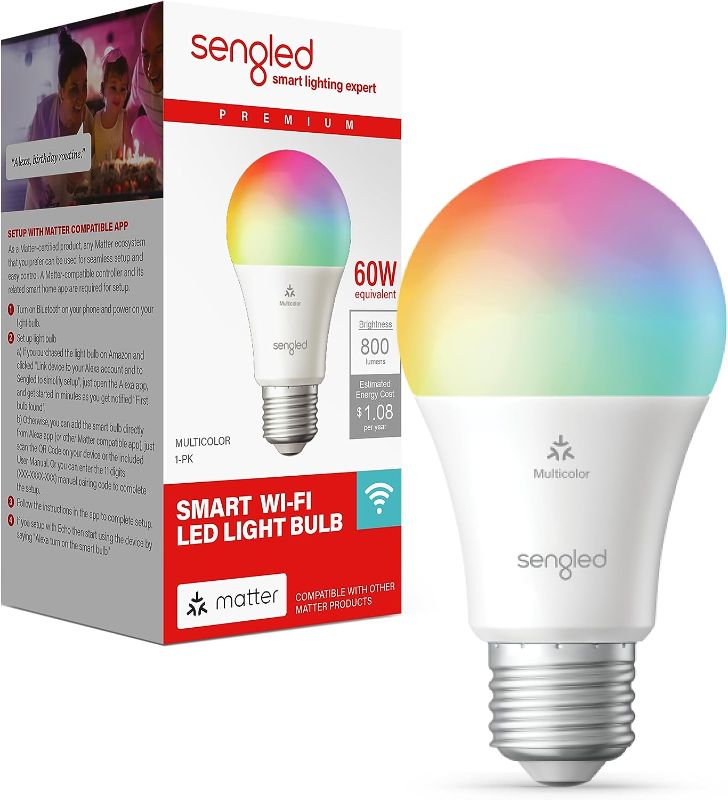 Photo 1 of Sengled LED Smart Light Bulb (A19), Matter-Enabled, Multicolor, Works with Alexa, 60W Equivalent, 800LM, Instant Pairing, 2.4 GHz, Wi-Fi, 1-Pack
