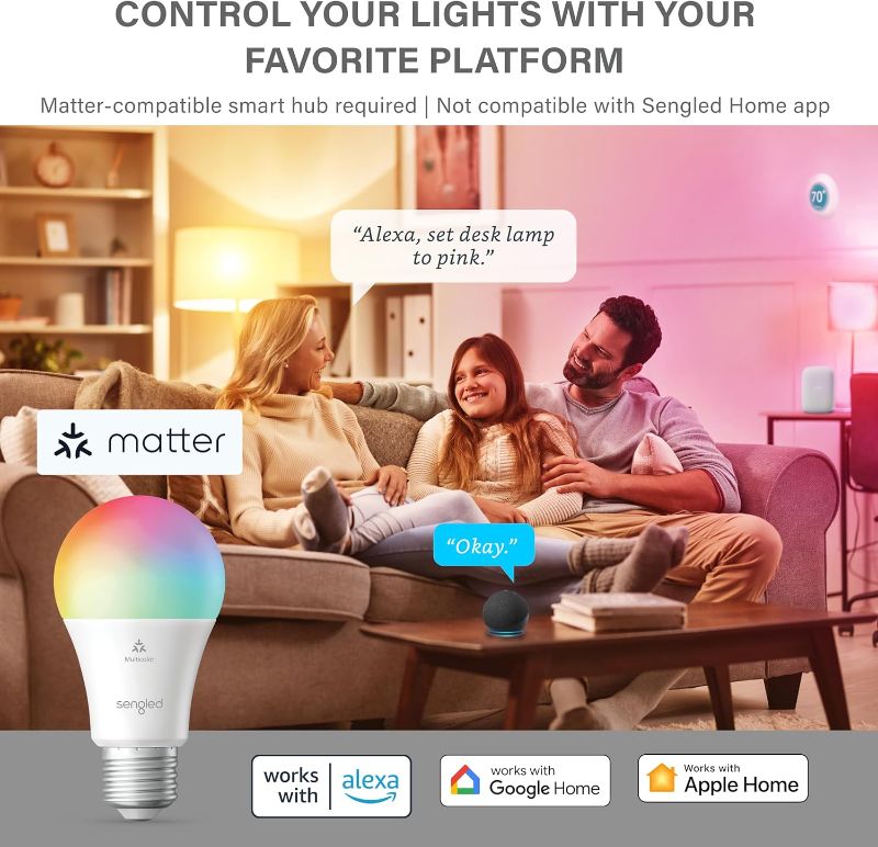 Photo 2 of Sengled LED Smart Light Bulb (A19), Matter-Enabled, Multicolor, Works with Alexa, 60W Equivalent, 800LM, Instant Pairing, 2.4 GHz, Wi-Fi, 1-Pack
