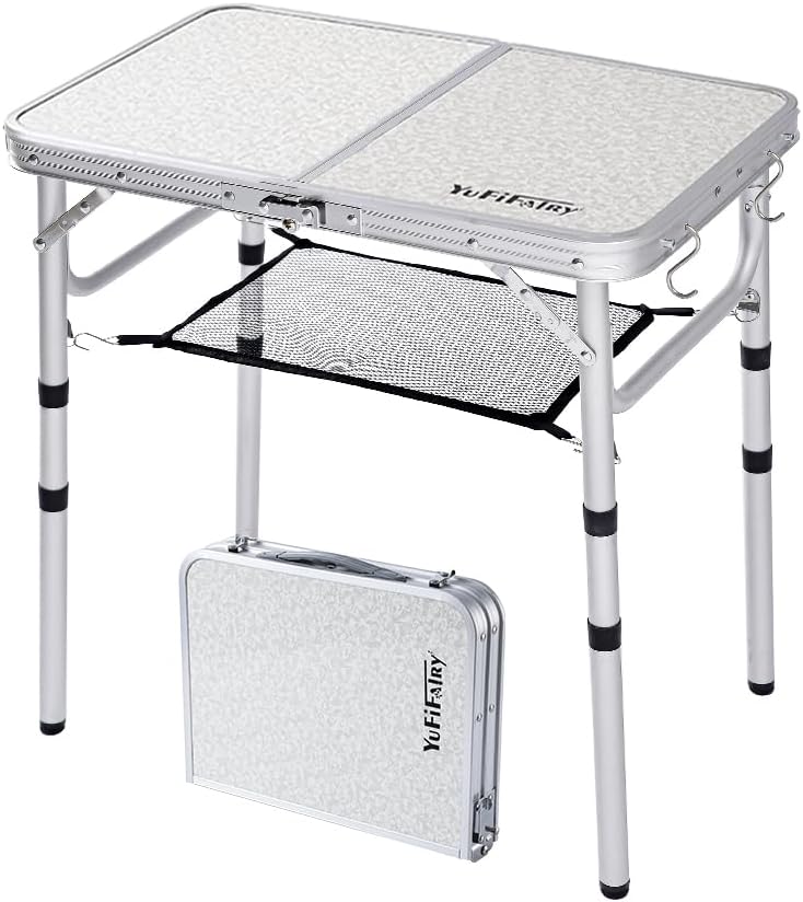 Photo 1 of YUFIFAIRY Camping Table, Small Folding Table 3 Adjustable Heights Picnic Table with Mesh Layer, Portable Aluminum FoldableTable for Outdoor and Indoor,...

