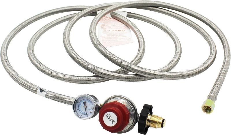 Photo 1 of Psi Adjustable High-Pressure Propane Regulator with Gauge 0~60PSI Gas Flow Indicator Flare x MNPT,Stainless Braided Hose with Soft-Nose Male POL Valve Regulator
