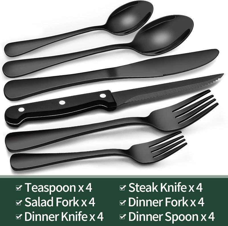 Photo 2 of 24-Piece Black Silverware Set with Steak Knives, Black Flatware Set for 4, Food-Grade Stainless Steel Tableware Cutlery Set, Mirror Finished Utensil Sets for Home Restaurant
