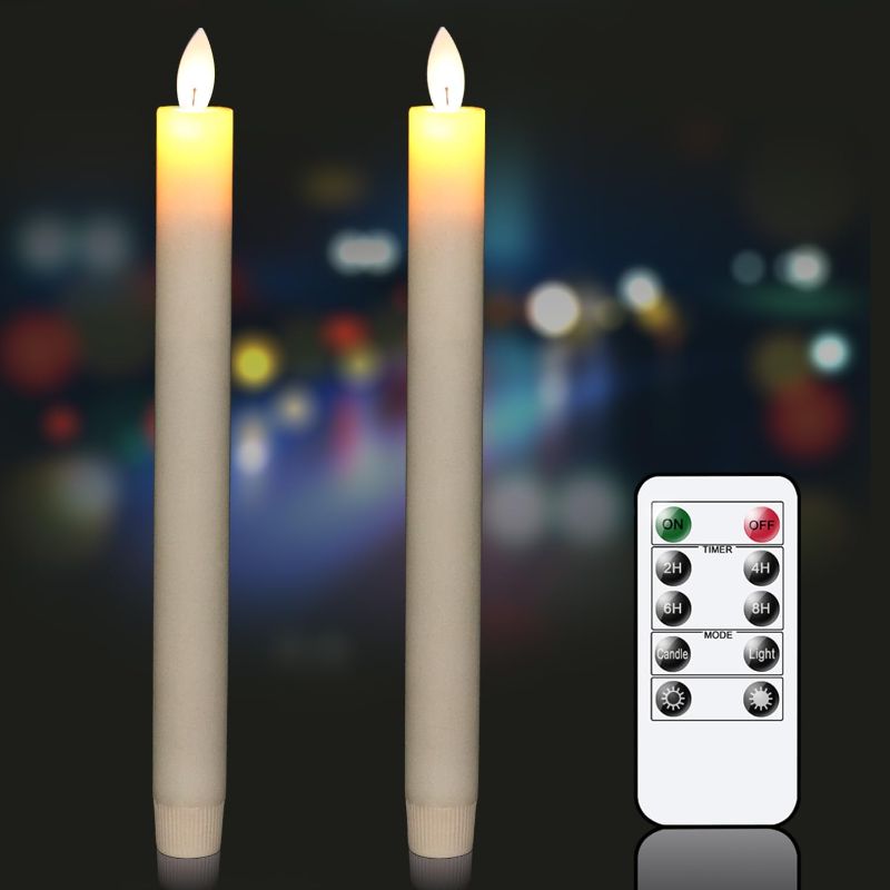 Photo 1 of GenSwin 3 PC Flameless Ivory Taper Candles Flickering with 10-Key Remote, Battery Operated Led Warm 3D Wick Light Window Candles Real Wax Pack of 3, Christmas Home Wedding Decor
