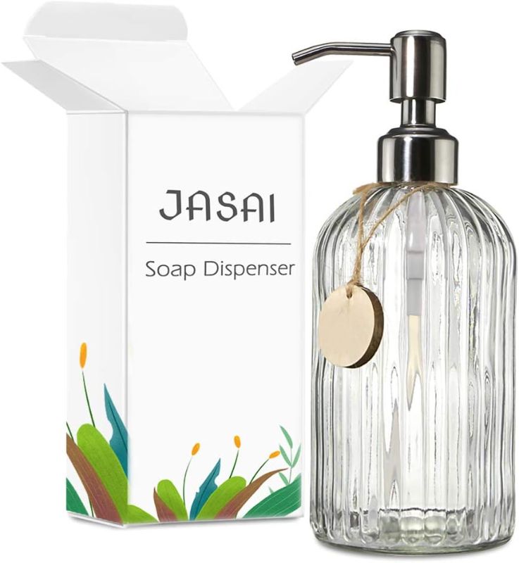 Photo 3 of JASAI 18 Oz Clear Glass Soap Dispenser with Rust Proof Stainless Steel Pump, Refillable Liquid Hand Soap Dispenser for Bathroom, Premium Kitchen Soap Dispenser (Clear).
