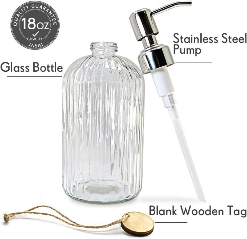 Photo 2 of JASAI 18 Oz Clear Glass Soap Dispenser with Rust Proof Stainless Steel Pump, Refillable Liquid Hand Soap Dispenser for Bathroom, Premium Kitchen Soap Dispenser (Clear).
