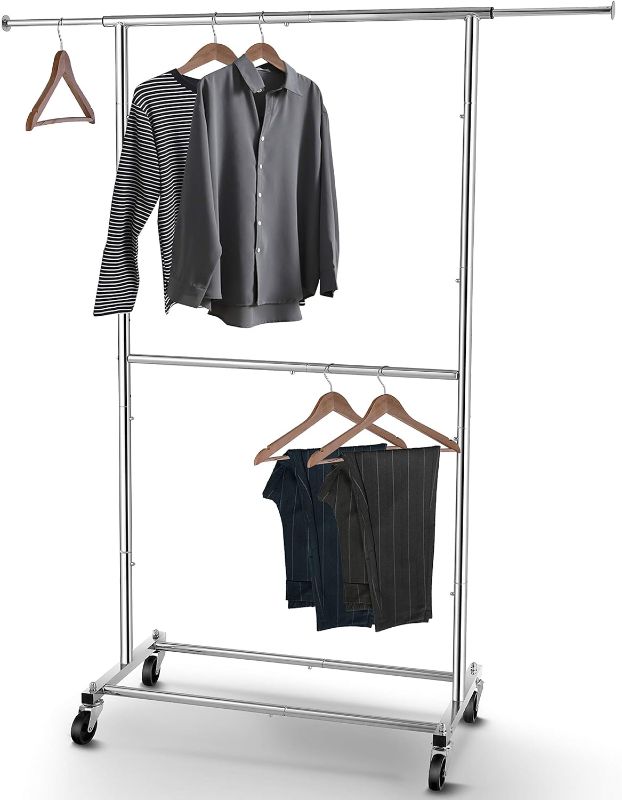 Photo 1 of Simple Trending Double Rod Clothing Garment Rack, Rolling Clothes Organizer on Wheels for Hanging Clothes, White