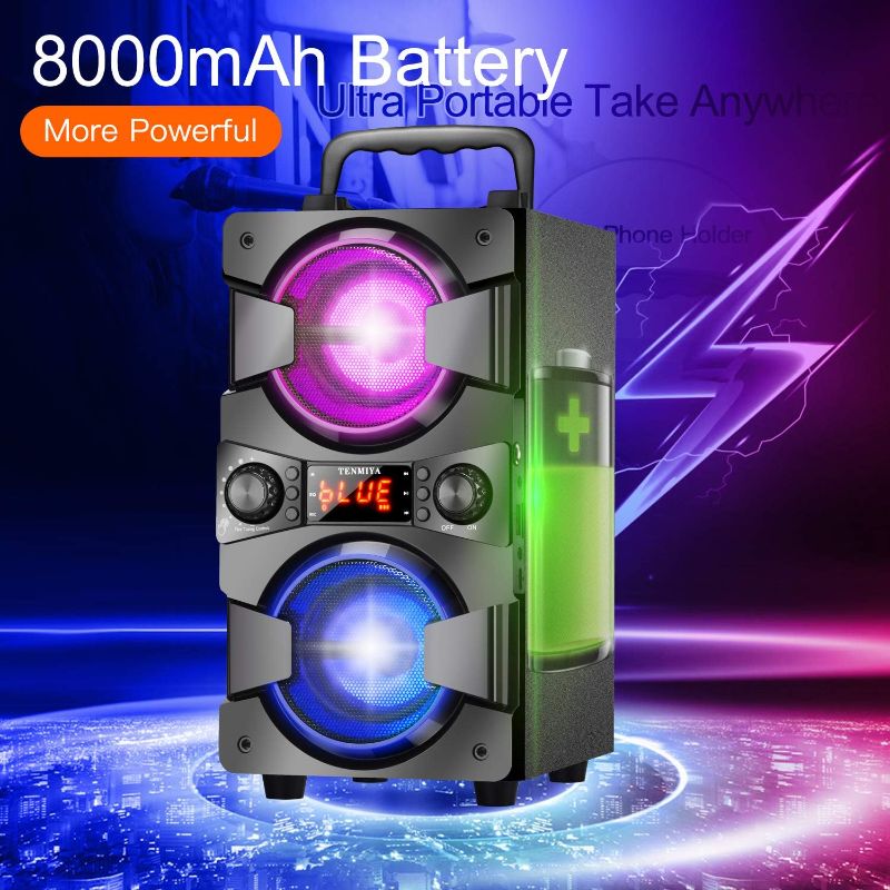 Photo 3 of 60W Bluetooth Speaker Portable Wireless Speakers with Double Subwoofer Heavy Bass, FM Radio, Microphone, Lights, Remote, EQ, Loud Stereo Sound System Speaker for Home Outdoor Party Camping Gifts(1MIC)
