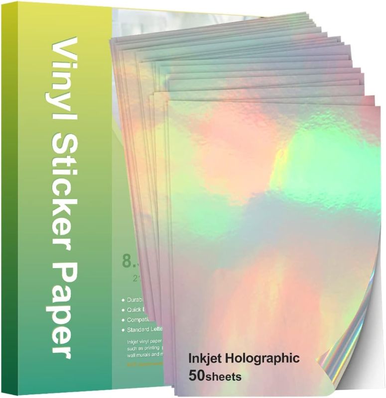 Photo 1 of Stampcolour 50 Sheets Holographic Printable Vinyl Sticker Paper for Cricut,Glossy Decal Paper,Self-Adhesive Labels Crafts,Dries Quickly Tear Resistant-for Any Epson HP Canon Sawgrass Inkjet Printer A4
