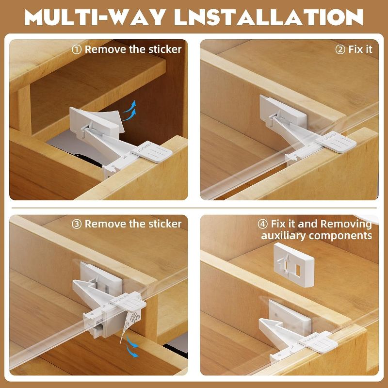 Photo 2 of Baby Proofing Drawer Locks?Child Safety Locks?12 Pack?,Slider Unlock Invisible Drawers Latches with 3M Strong Adhesive for Baby Care?No Drilling Installation
