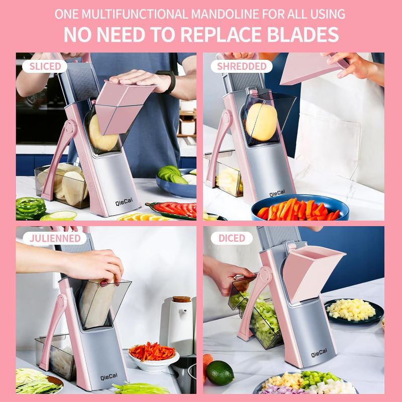Photo 2 of Safe Mandoline Slicer for Kitchen, Multifunctional Chopper Vegetable Cutter, Julienne + Dicer for Vegetables, Meal Prep & More with 35+ Presets & Thickness Adjuster -pink
