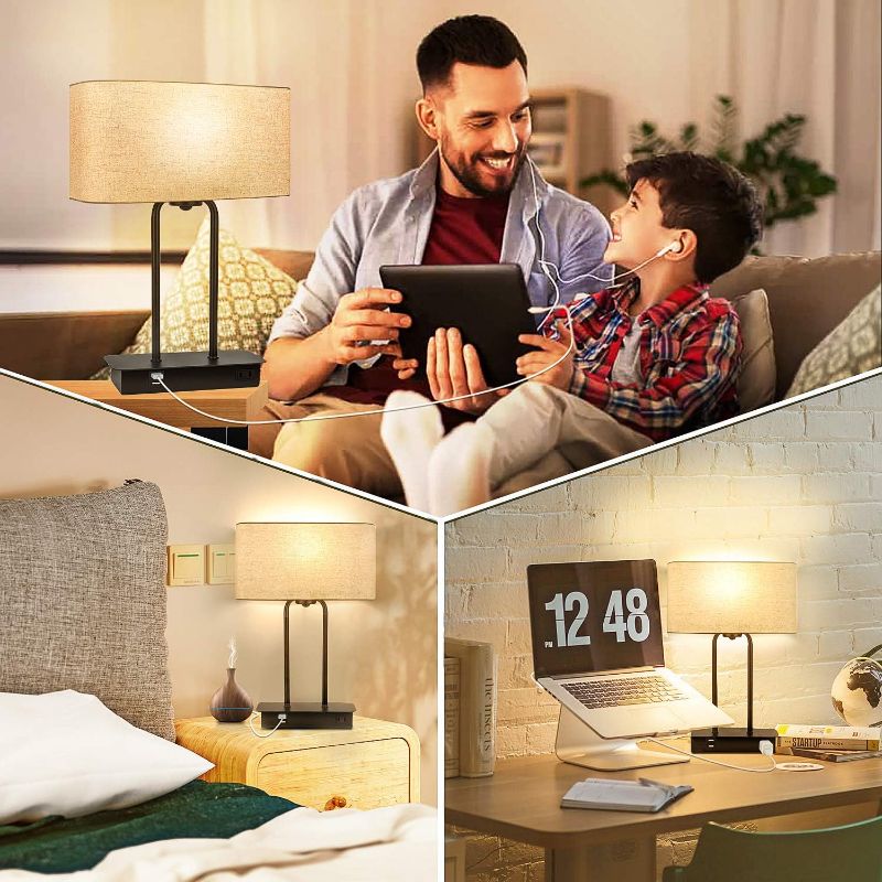 Photo 3 of 3-Way Dimmable Touch Control Table Lamp with 2 USB Ports and AC Power Outlet Modern Bedside Nightstand Lamp with Fabric Shade and Metal Base for Guestroom Bedroom Living Room & Hotel LED Bulb Included

