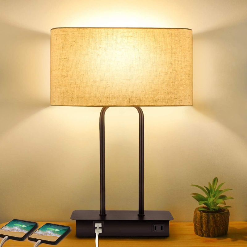 Photo 1 of 3-Way Dimmable Touch Control Table Lamp with 2 USB Ports and AC Power Outlet Modern Bedside Nightstand Lamp with Fabric Shade and Metal Base for Guestroom Bedroom Living Room & Hotel LED Bulb Included
