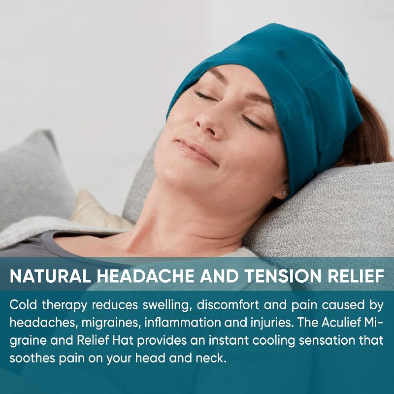 Photo 2 of Aculief Headache, Migraine, & Stress Relief Hat - Natural Ice Mask for Tension & Muscle Pain – Supports Relaxation, Soreness, Sinus Alleviation, Chemo - Stretchy, Comfortable, & Cool Wearable – Teal
